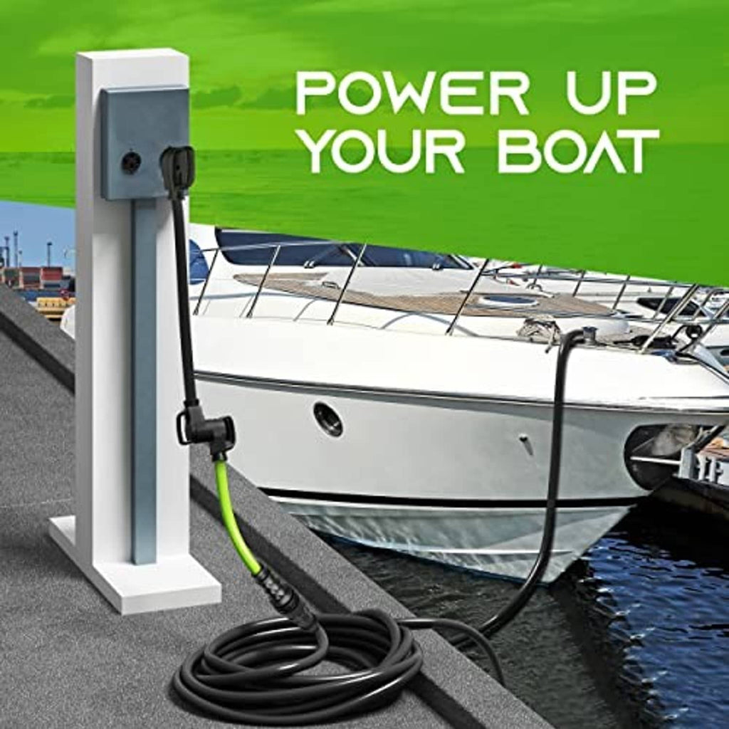Shore power adapter cord with green cable connected to dock outlet and boat