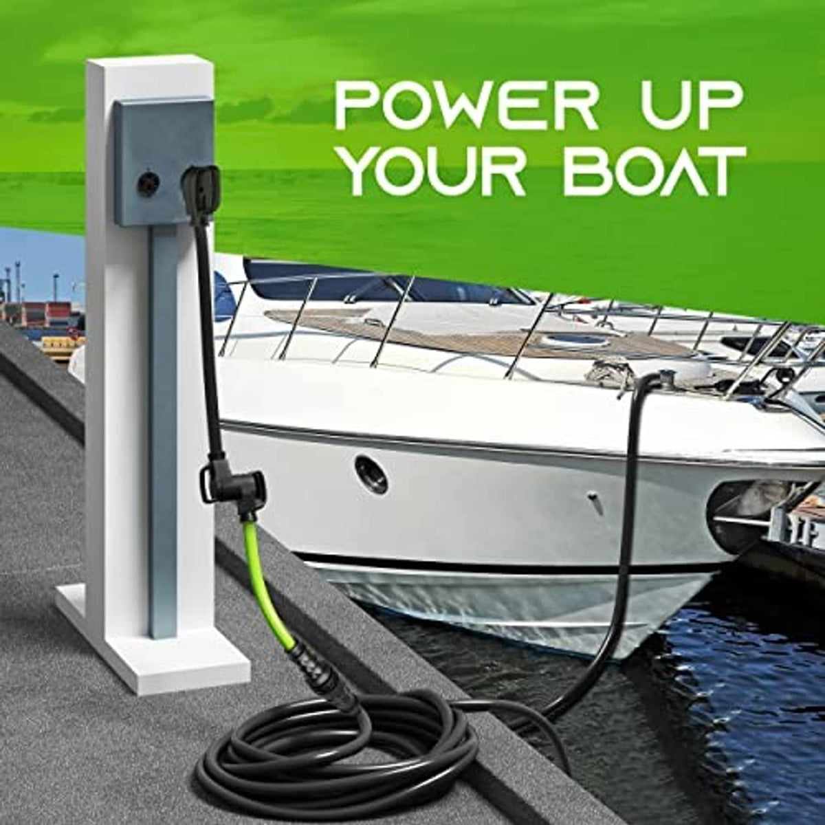 Shore power adapter cord with green cable connected to dock outlet and boat