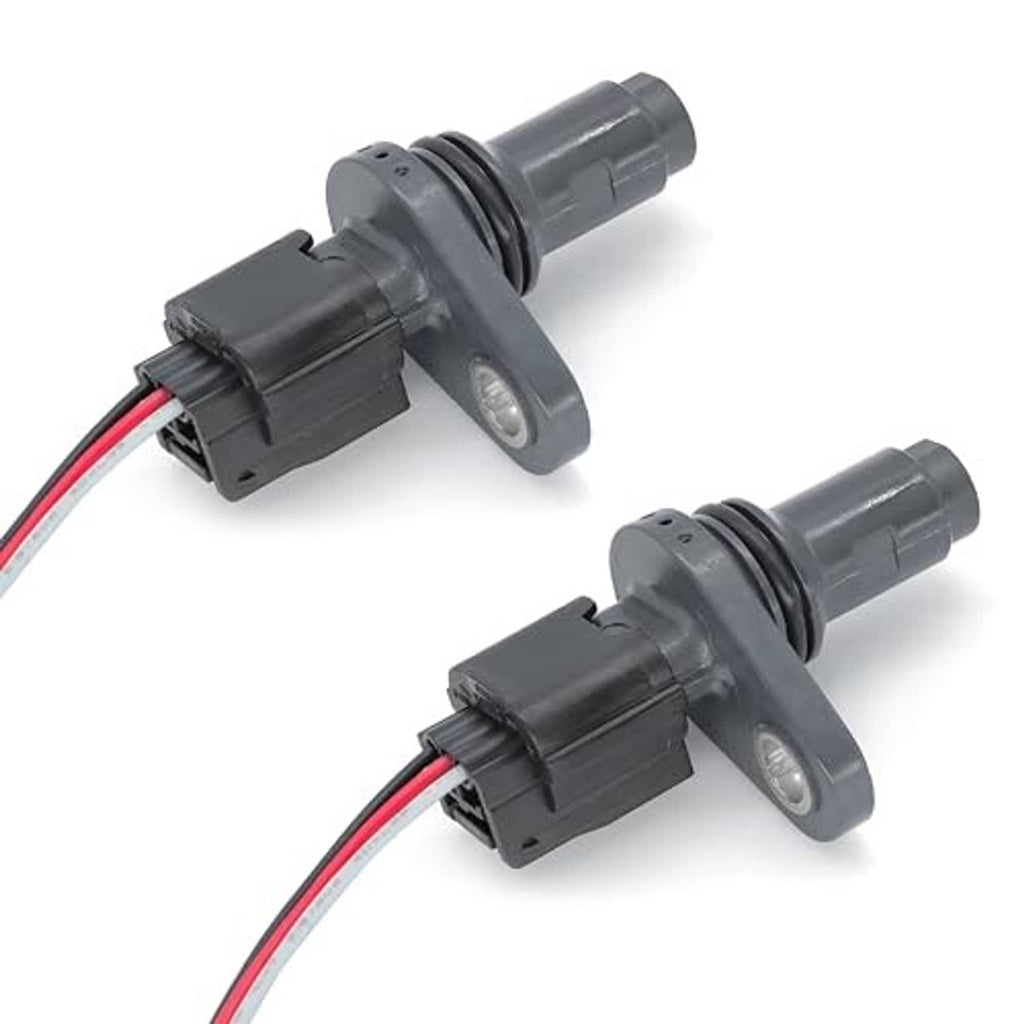 Two camshaft position sensors with gray plastic housing, wire leads, and mounting pins