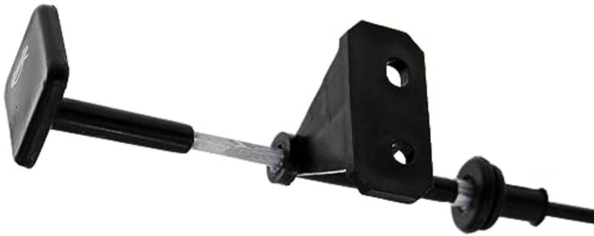 Hood release cable bracket and pushrod with black rubber bushing and pins
