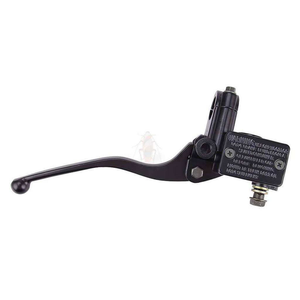 Black brake master cylinder with lever and rectangular text-covered reservoir plate