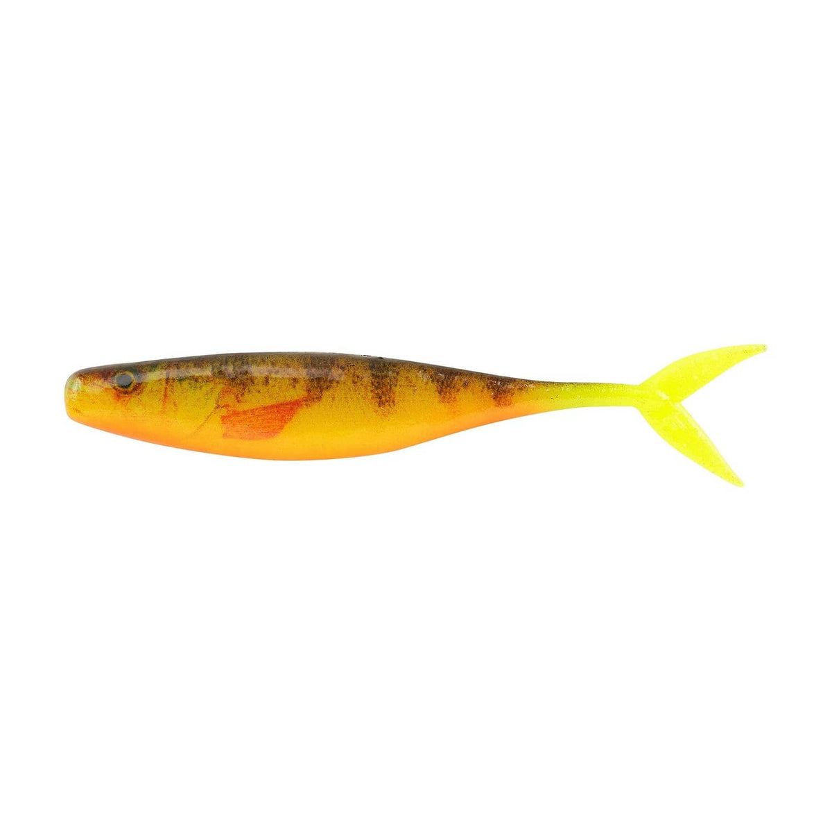 Smelt-style soft fishing lure, orange-yellow body with chartreuse fork tail.