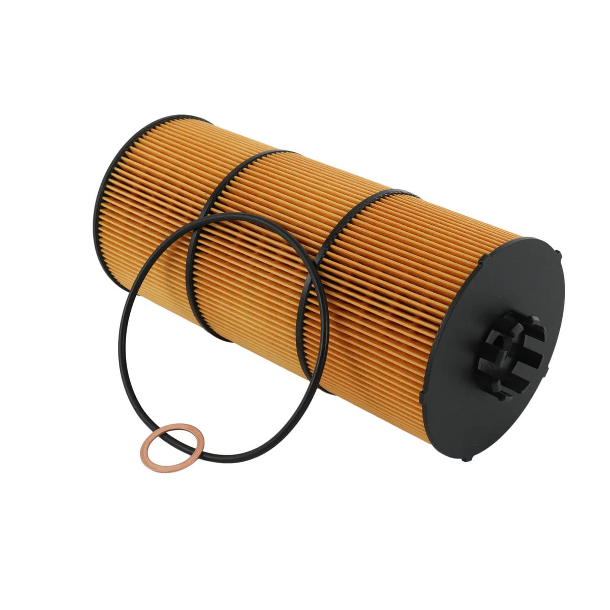 Fuel filter cartridge with orange pleats, black end cap, and attached O-ring