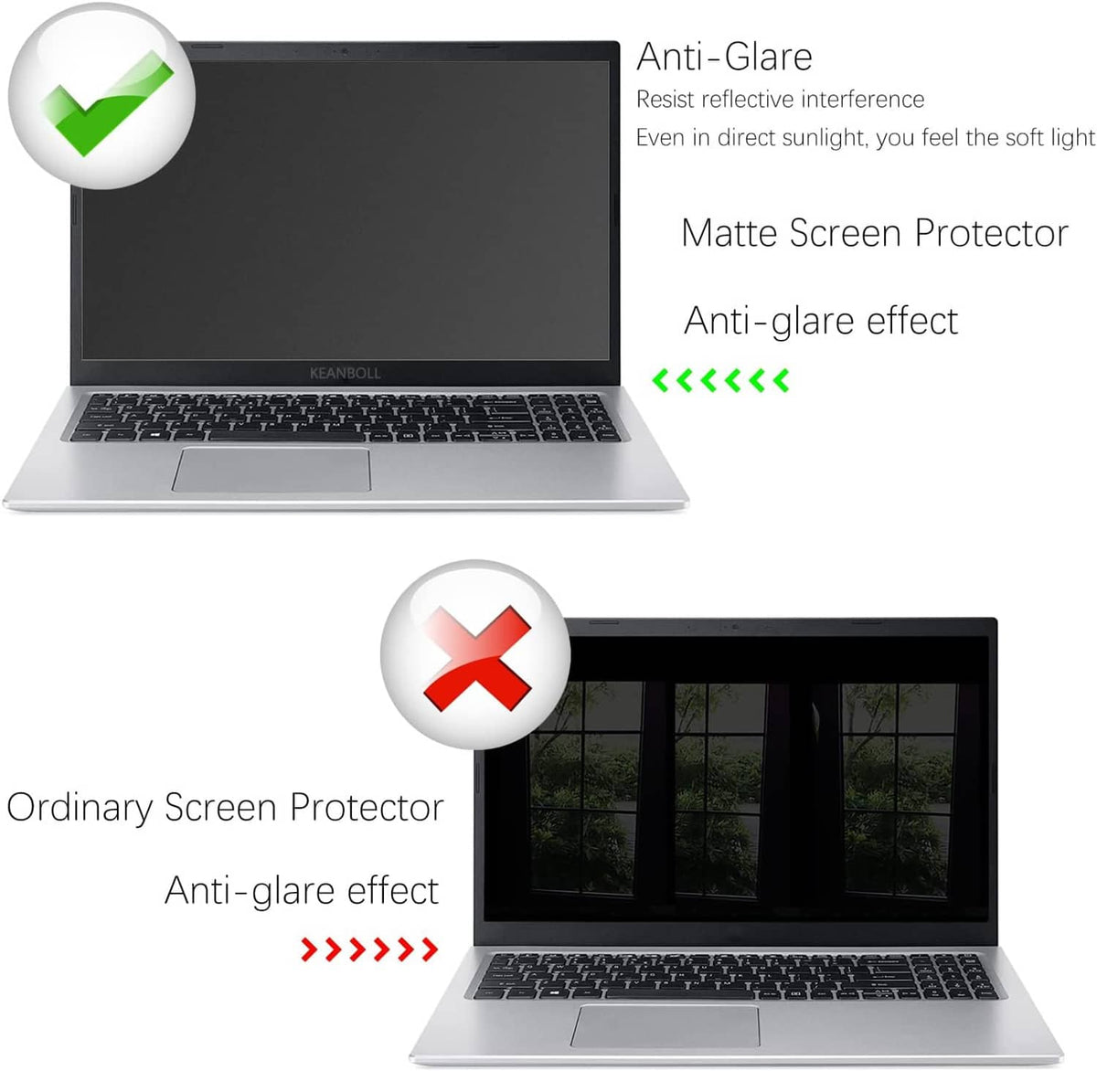 Matte anti-glare screen protector on laptop screen, compared with ordinary protector.