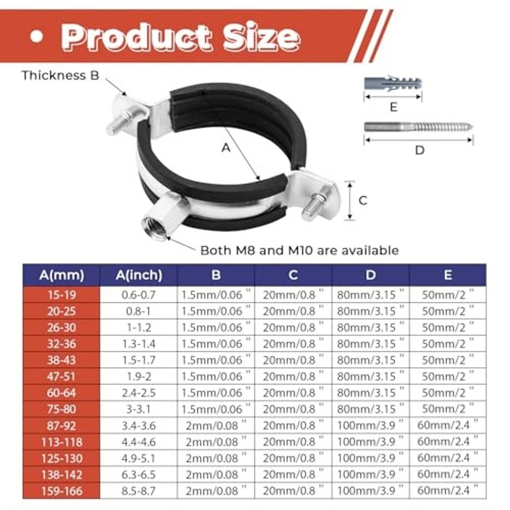 Side view of split-ring pipe clamp with black rubber ring and metal strap screws