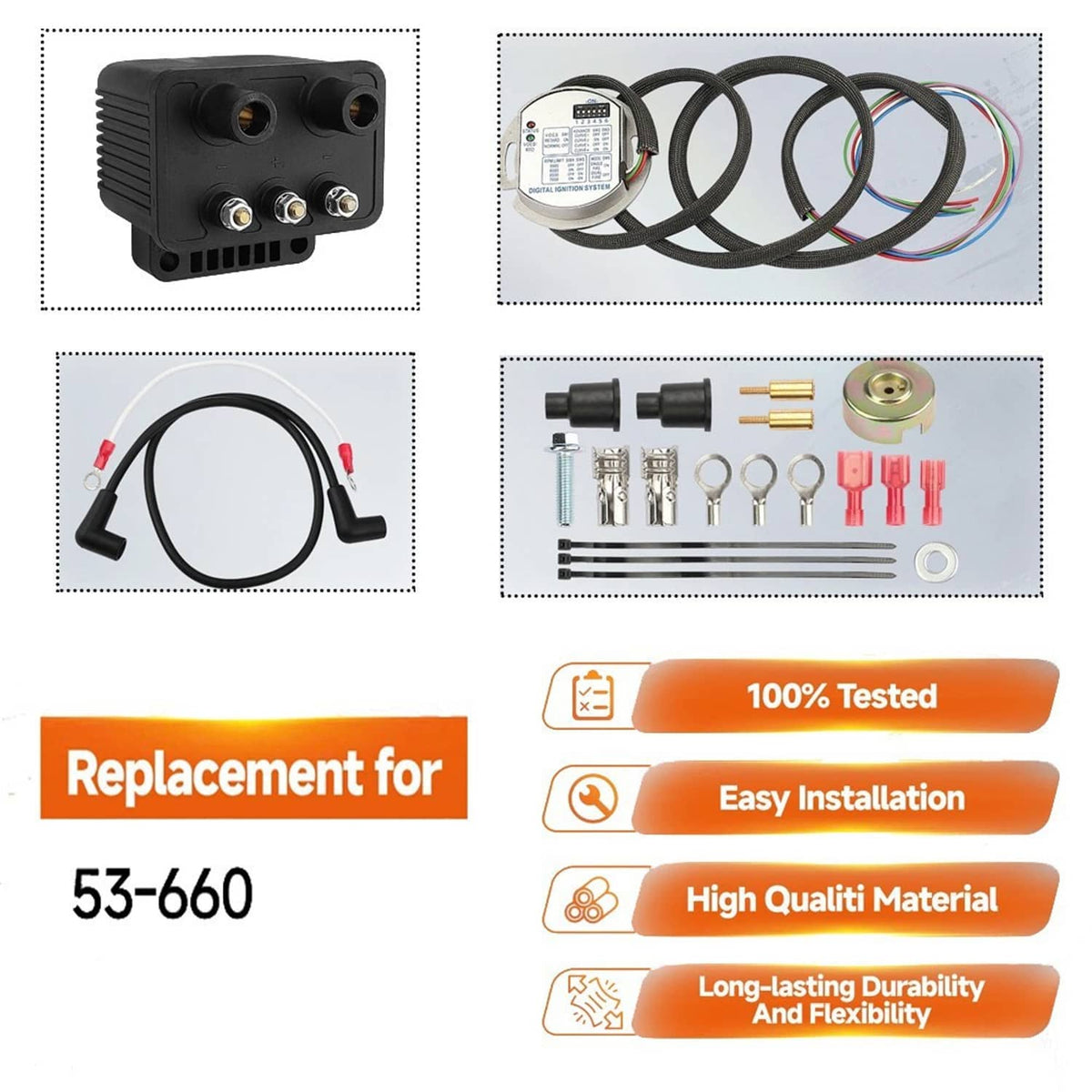 Programmable ignition kit control unit with cable harness and mounting hardware set.