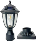 Solar post lantern light with clear glass shade, dark metal body, solar panel top