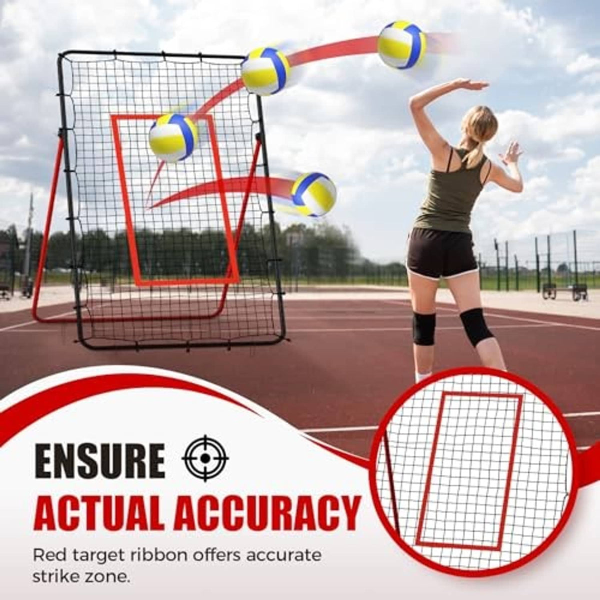 Volleyball rebounder net with square red target and black mesh frame for training.