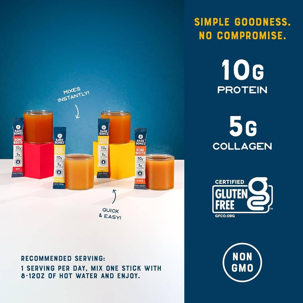Instant bone broth powder packet with 10g protein and 5g collagen claims