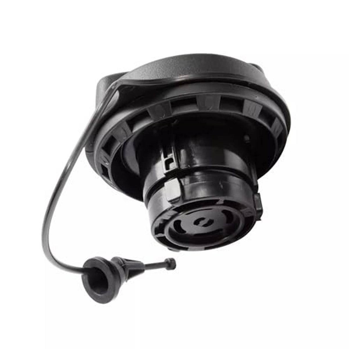Black fuel tank filler gas cap with vent hose and circular mounting base