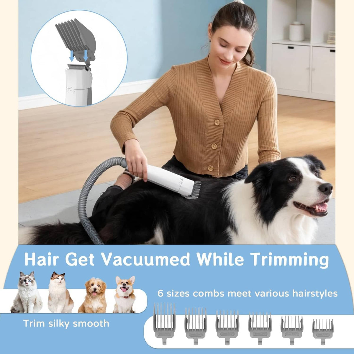 White pet grooming vacuum clipper with hose and removable grooming comb attachments