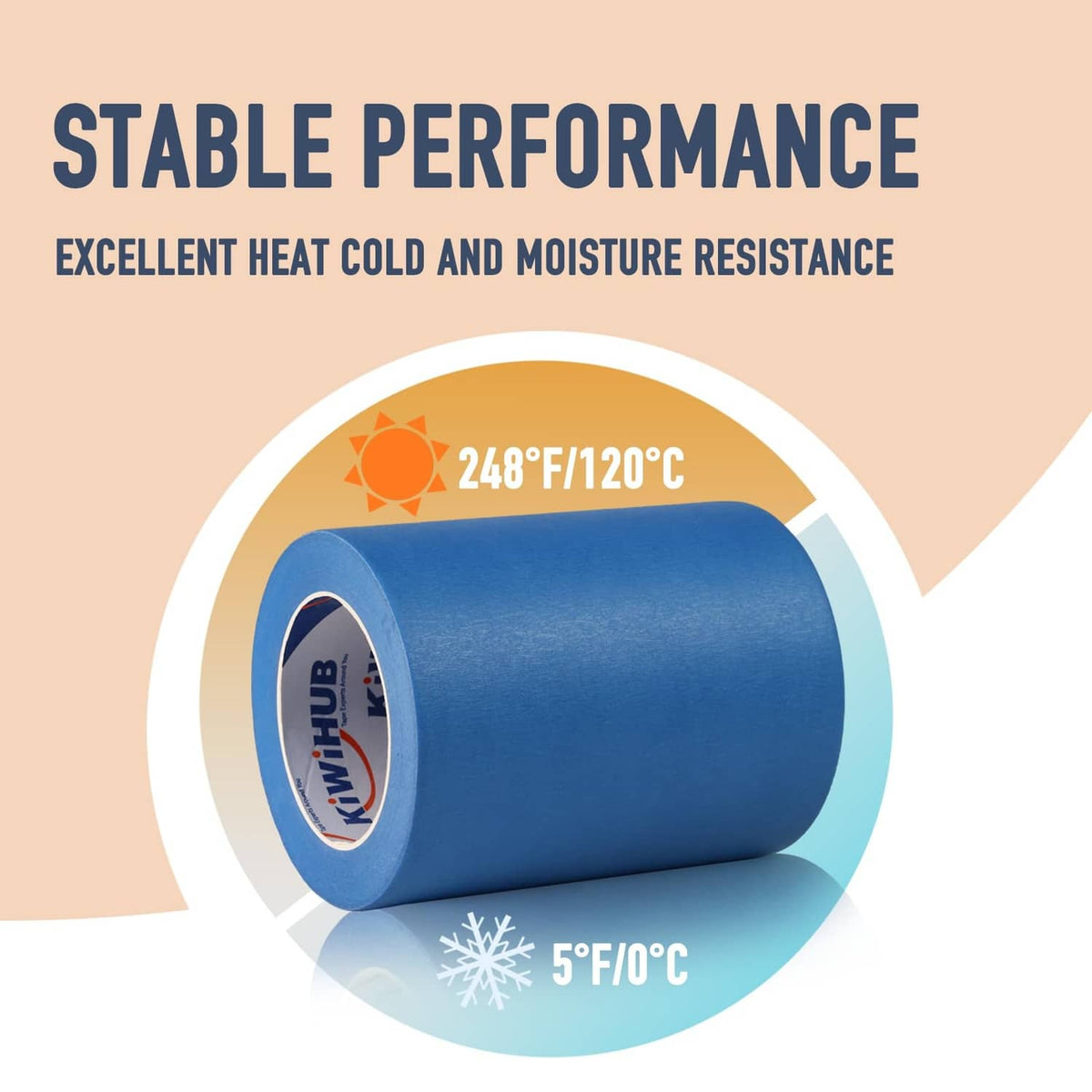 Blue painter tape roll with heat and moisture resistance icon graphic