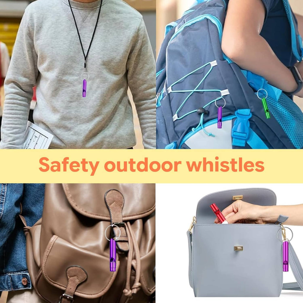 Multi-color aluminum signal whistle keychains on bags and clothing, metal rings visible