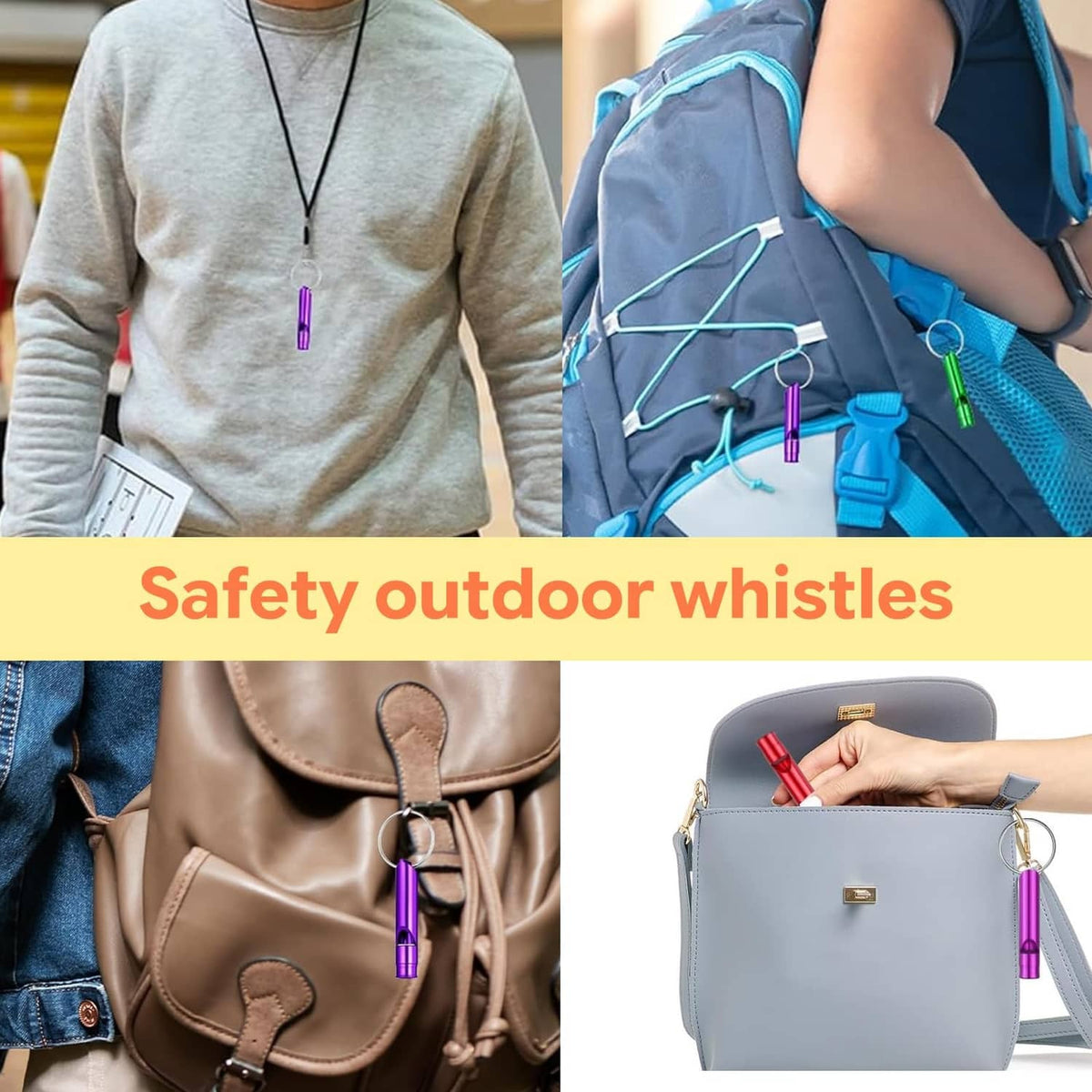 Multi-color aluminum signal whistle keychains on bags and clothing, metal rings visible