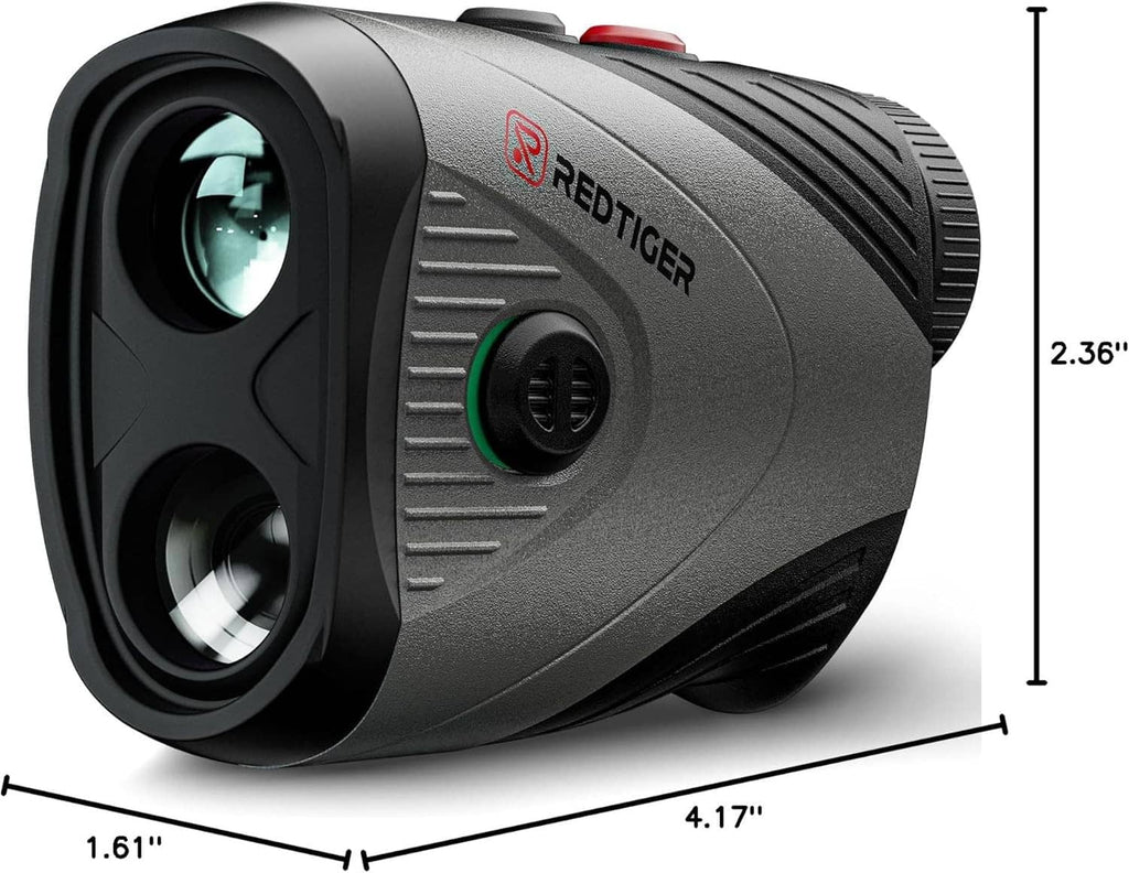 Black REDTIGER laser golf rangefinder with size markings 1.61 x 4.17 x 2.36 in