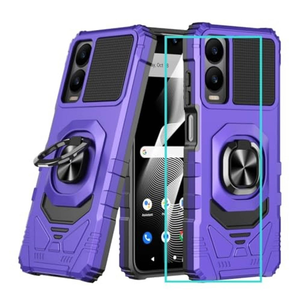 Purple dual-layer phone case with camera cutouts, textured grip, and built-in screen guard