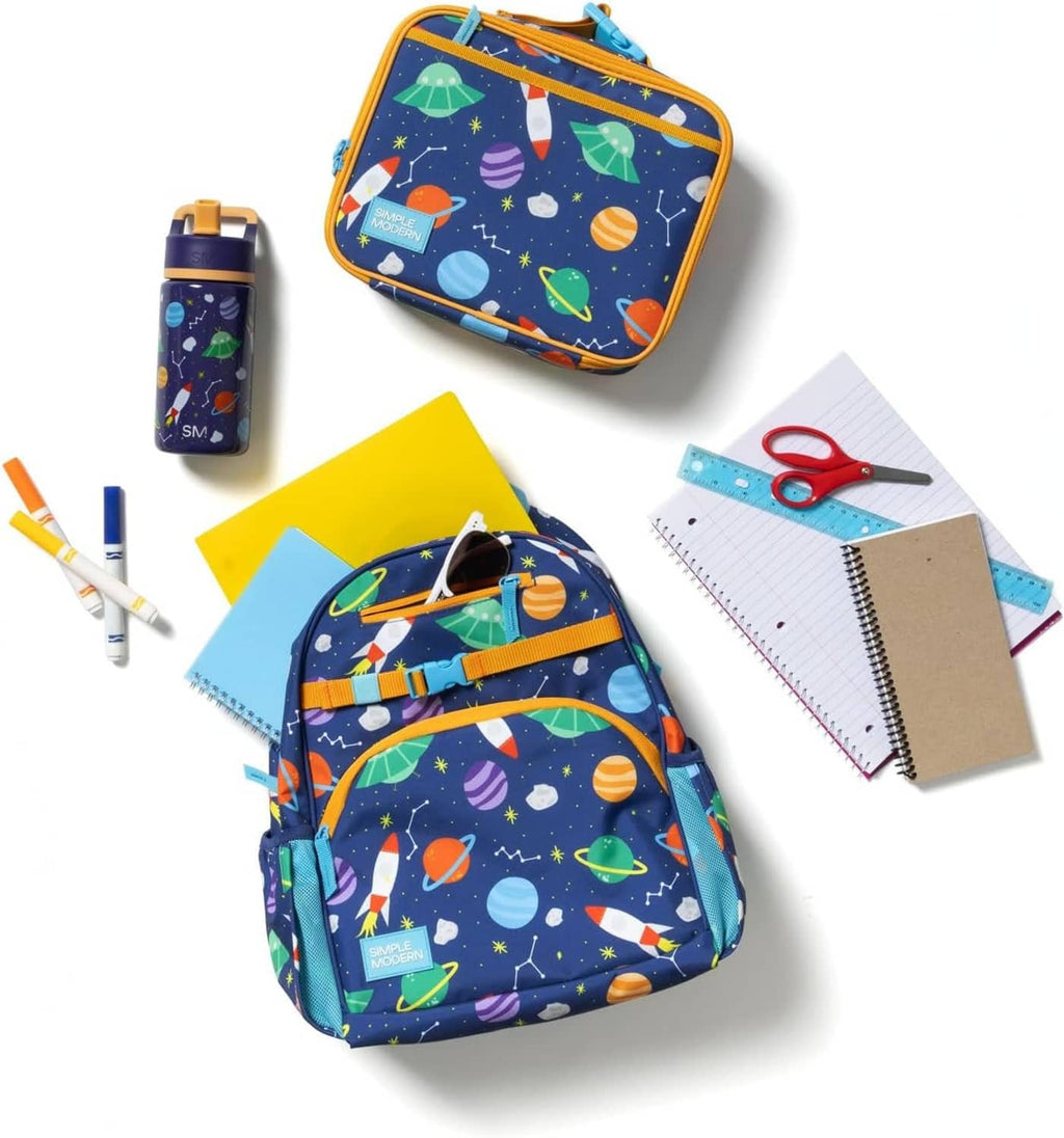 Kids backpack set with dark blue space print and matching lunchbox and accessories