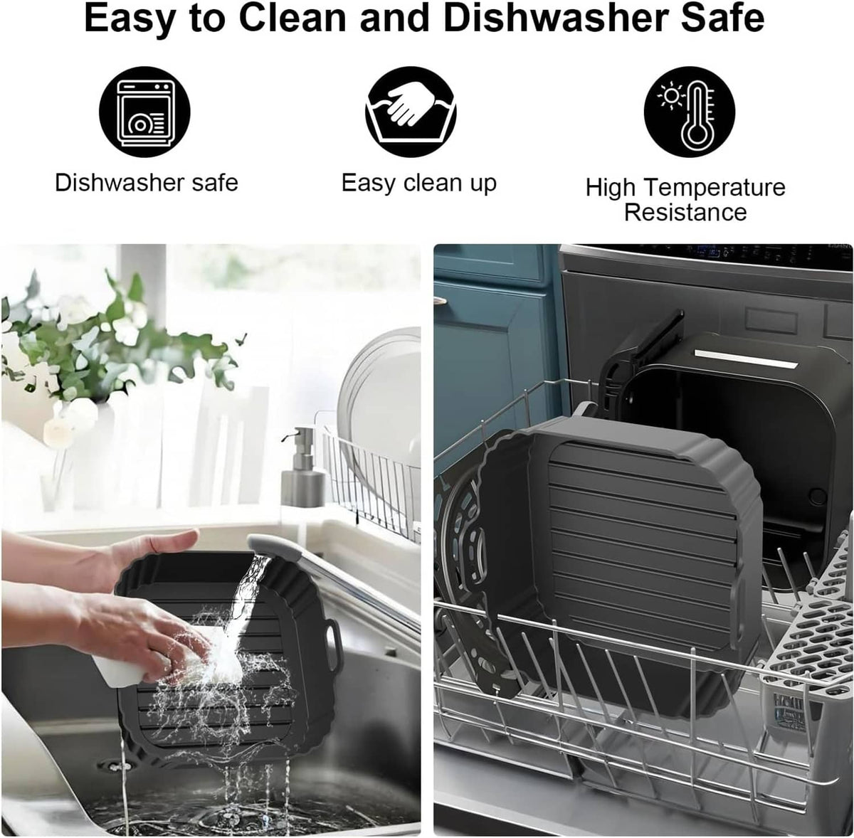Black square silicone air fryer liner being rinsed and loaded on a dishwasher rack
