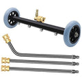Pressure washer undercarriage cleaner frame with blue wheels and brass spray wands
