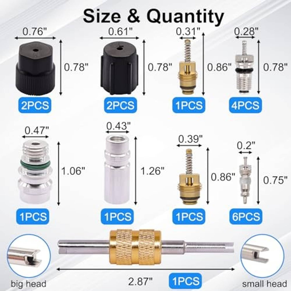 A/C service valve core kit size chart showing included valve cores, caps, and removal tool