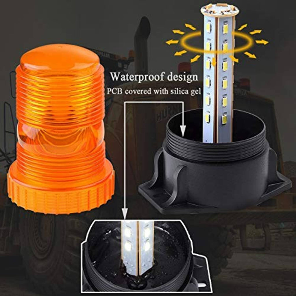 Amber LED strobe light with water-sealed clear lens and black mounting base