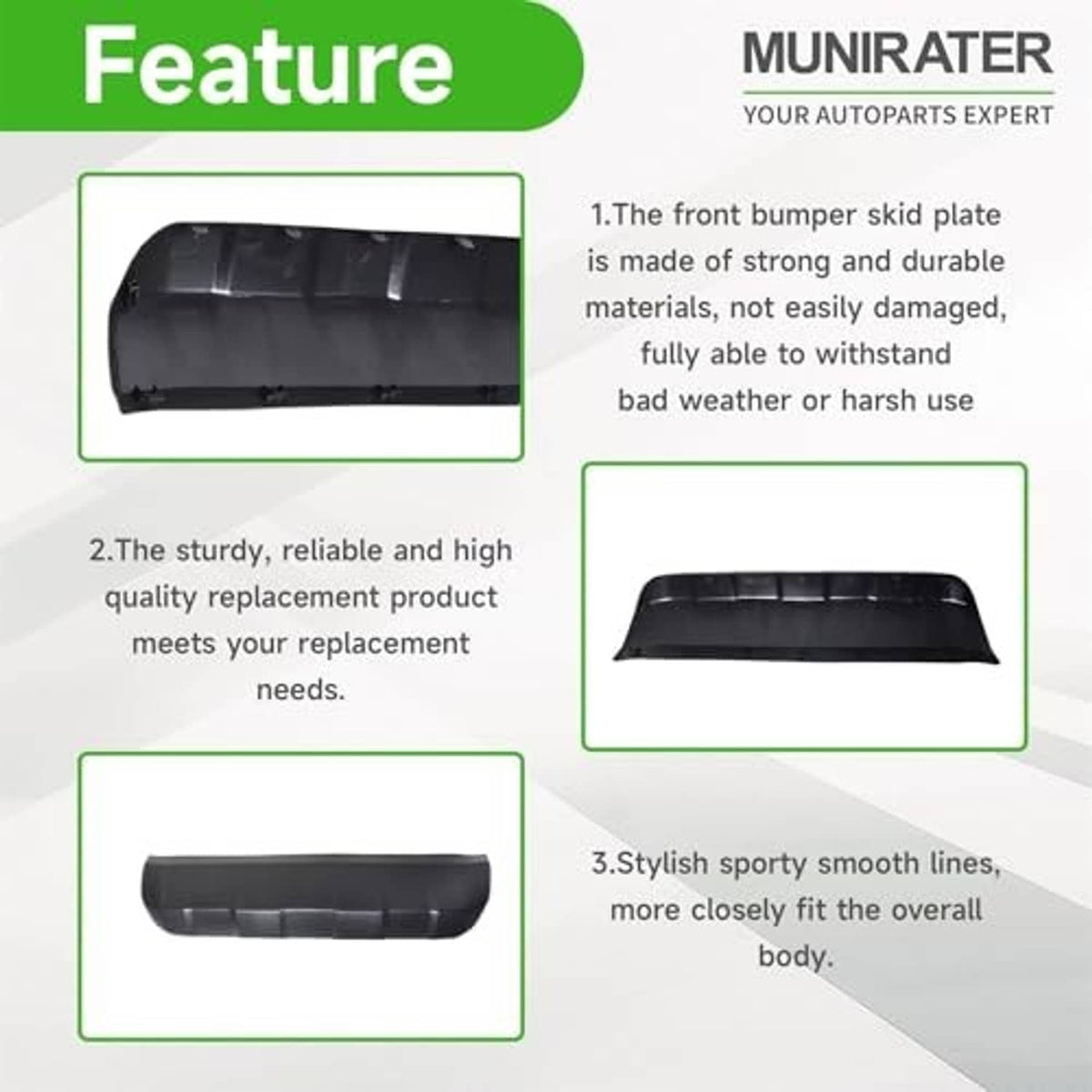 Black front bumper skid plate panel replacement with smooth outer edge and molded ribs