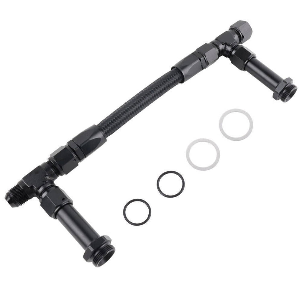 Braided fuel line kit with black AN-style fittings and included O-ring seals