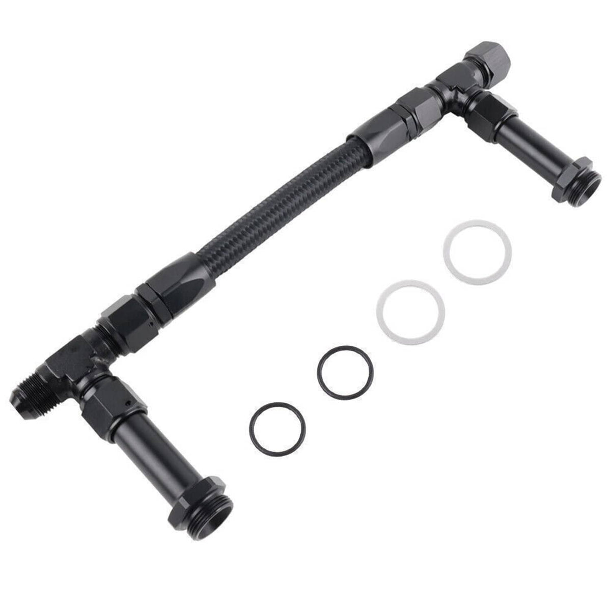 Braided fuel line kit with black AN-style fittings and included O-ring seals