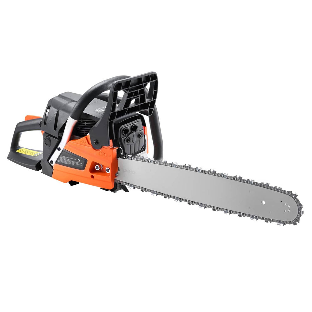 Gasoline chainsaw side view with orange engine housing and long cutting bar