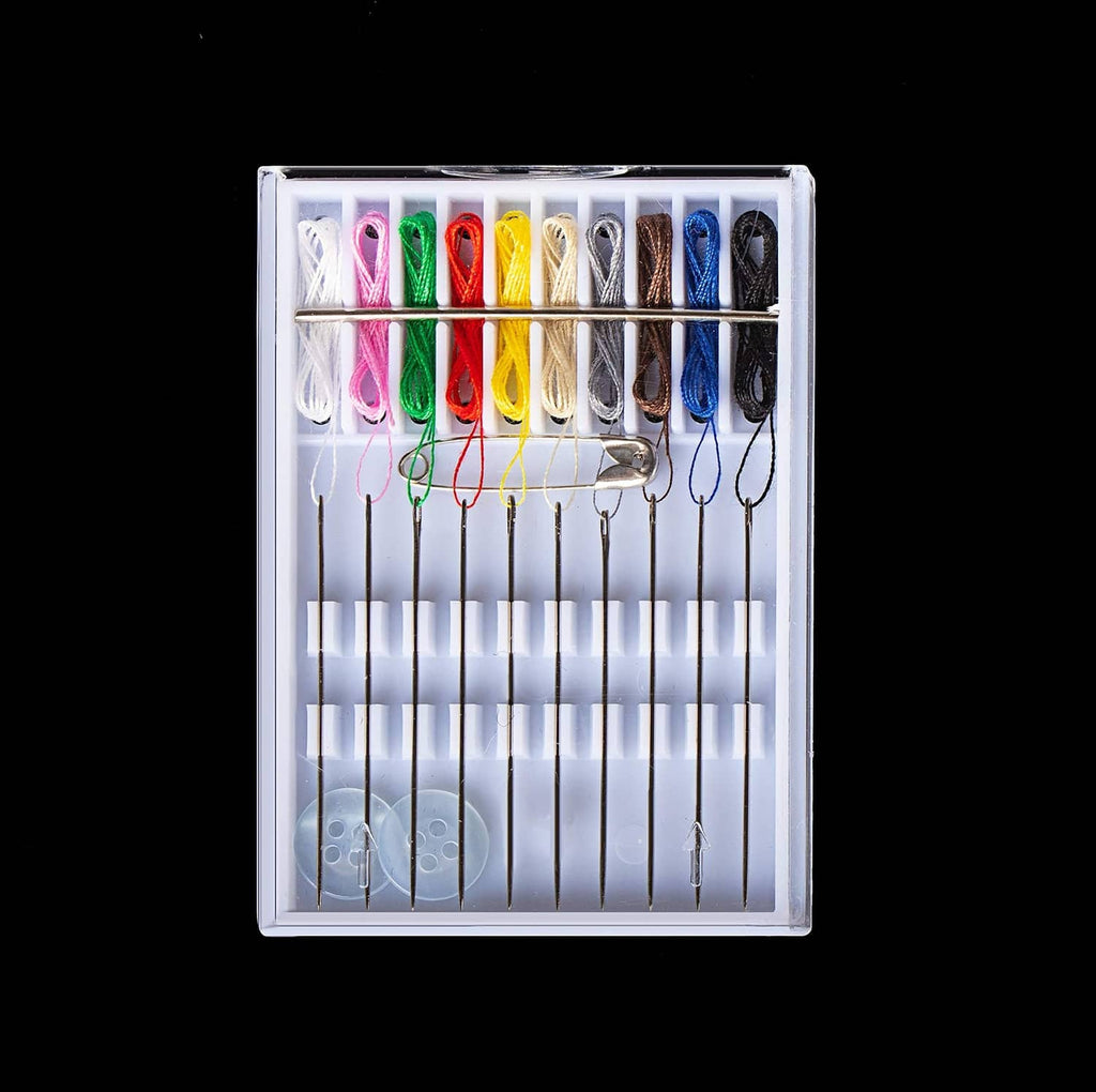 Sewing kit organizer box with pre-threaded needles and multicolor thread