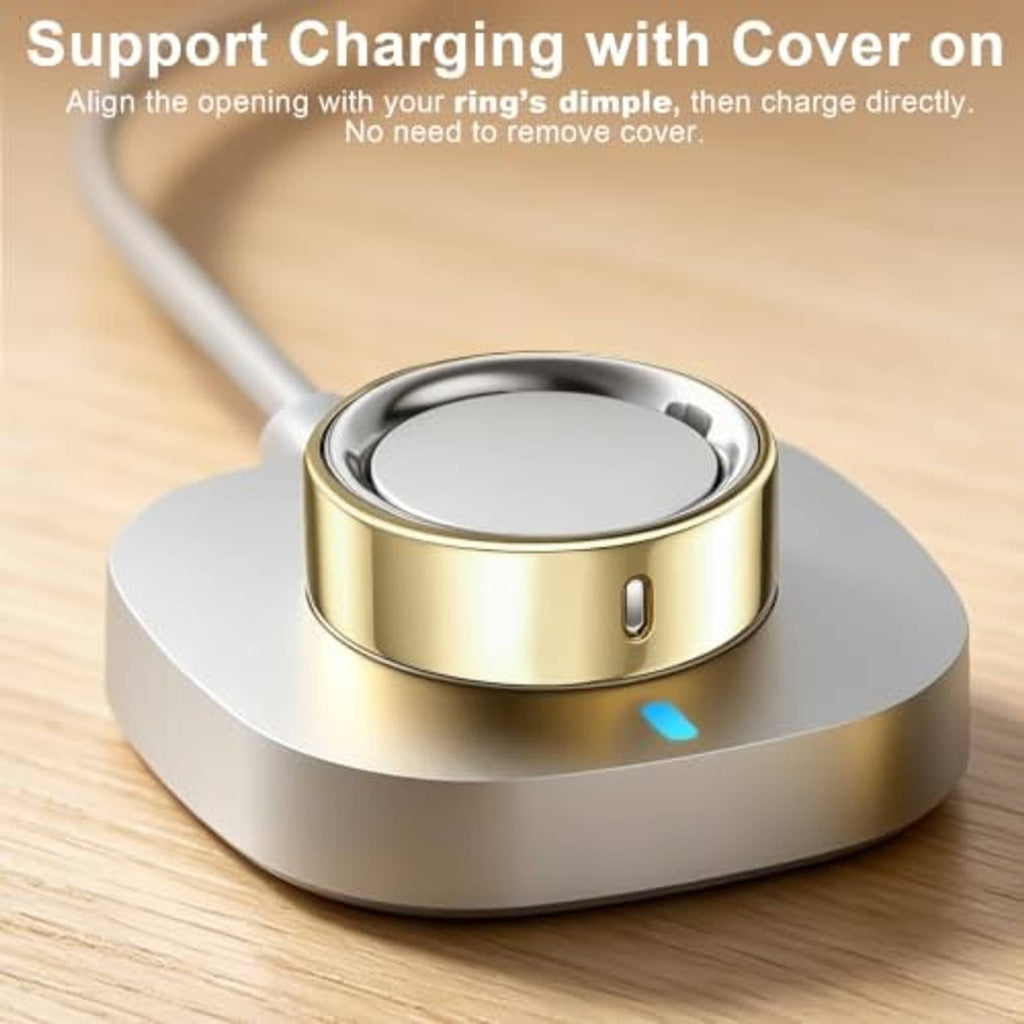 Gold TPU ring cover with open top on a round charging base.