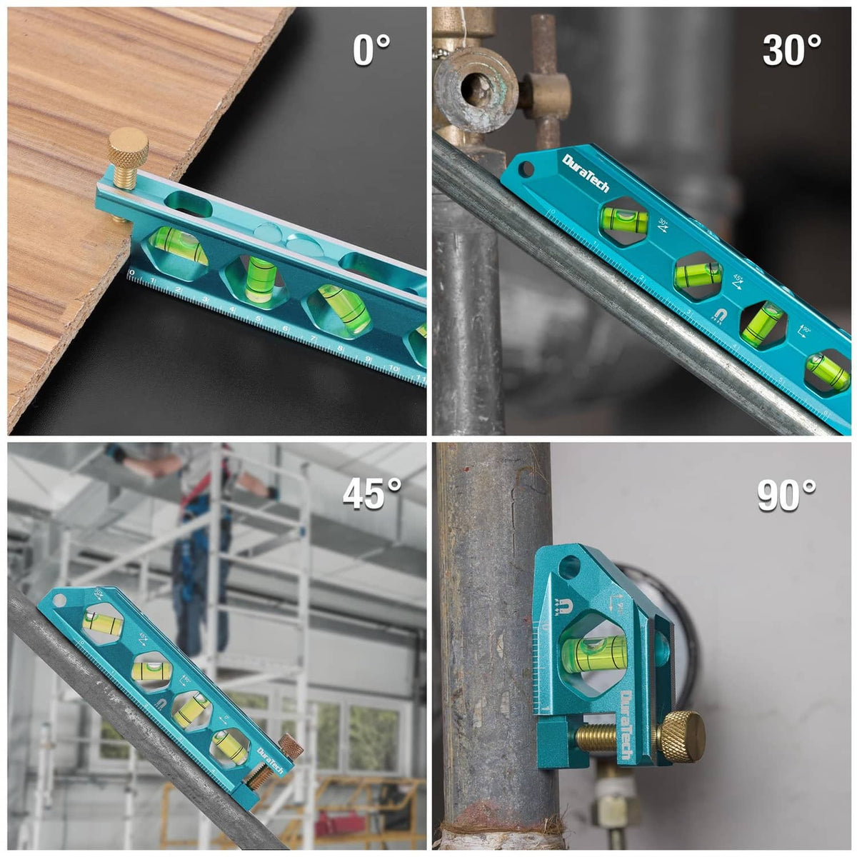 DURATECH torpedo level used on wood and pipes with vials for 0°, 30°, 45°, 90°