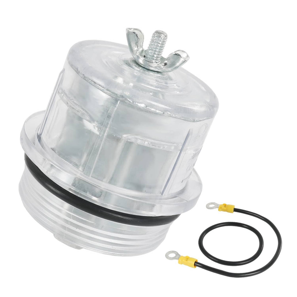 Clear gas pool heater shield assembly with threaded cap, mounting stem, and two wire leads