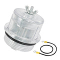 Clear gas pool heater shield assembly with threaded cap, mounting stem, and two wire leads
