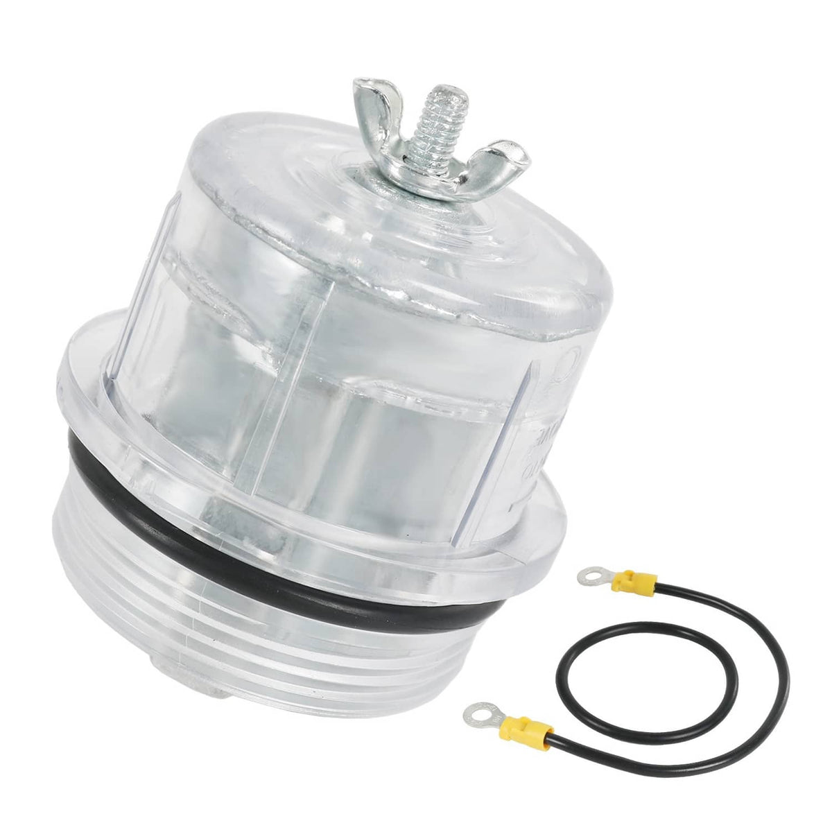 Clear gas pool heater shield assembly with threaded cap, mounting stem, and two wire leads