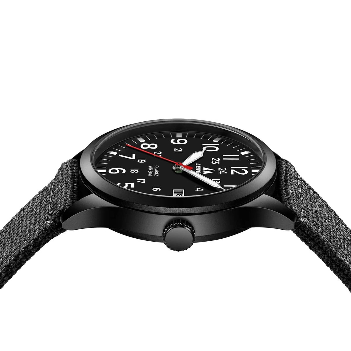 Black round watch with black dial, crown detail, and black nylon strap
