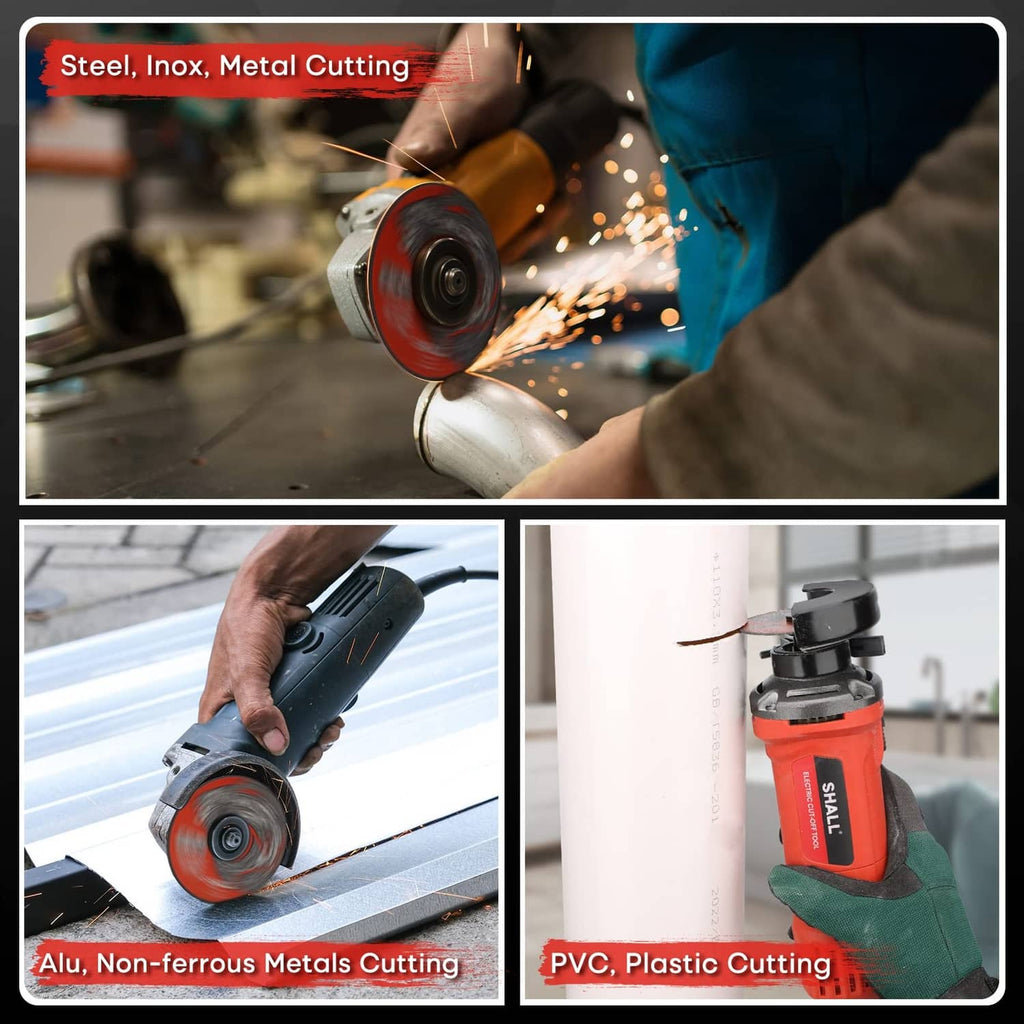 Handheld cut-off wheel with red-and-black disc cutting metal, visible sparks