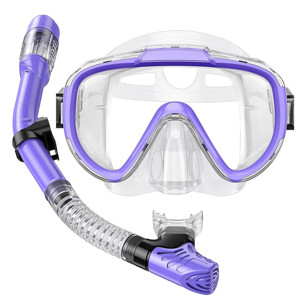 Adult snorkeling mask and snorkel set with clear purple frame and panoramic lens