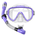 Adult snorkeling mask and snorkel set with clear purple frame and panoramic lens