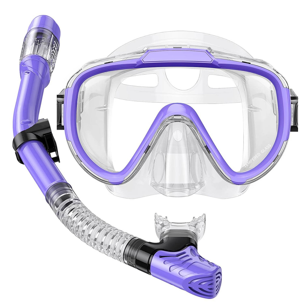 Adult snorkeling mask and snorkel set with clear purple frame and panoramic lens