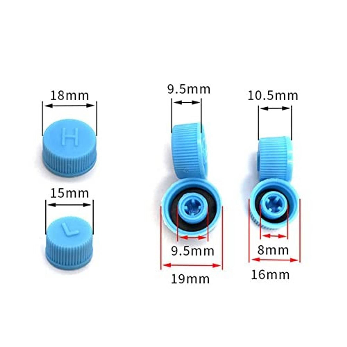 Light blue A/C valve caps with labeled dimensions; includes H and L caps