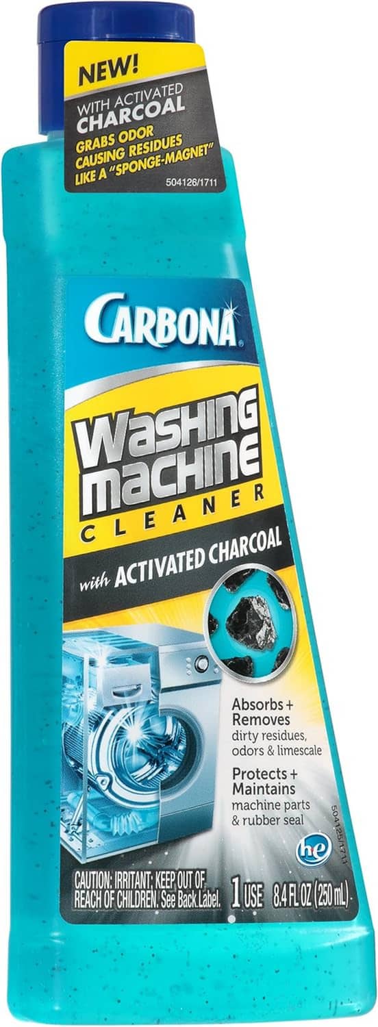 Washing machine cleaner bottle front label with activated charcoal and washer graphic