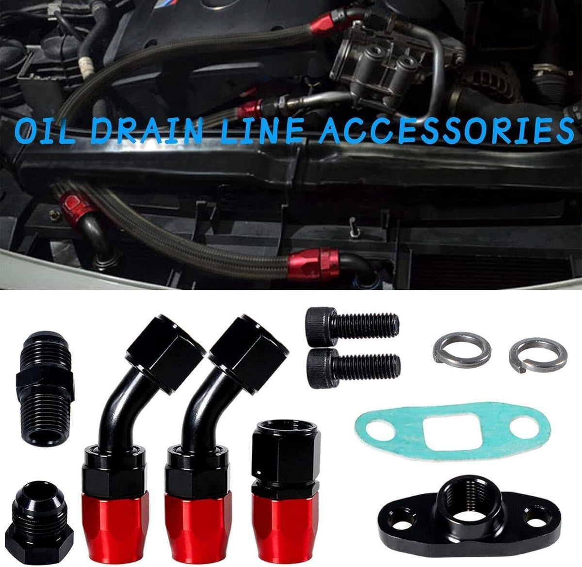 Oil drain line accessories with black and red fittings, washers, and turquoise gasket