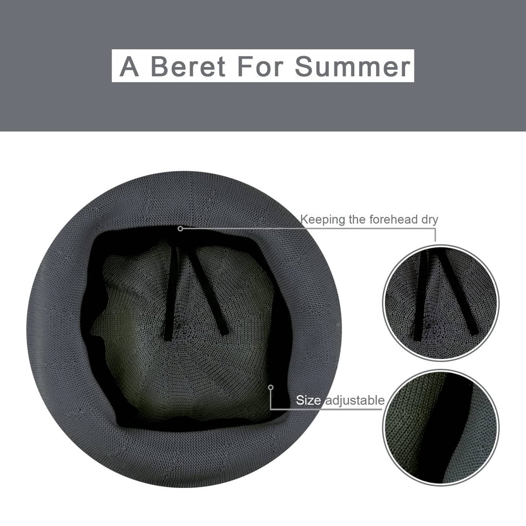 Dark grey summer beret hat with adjustable inner drawstring