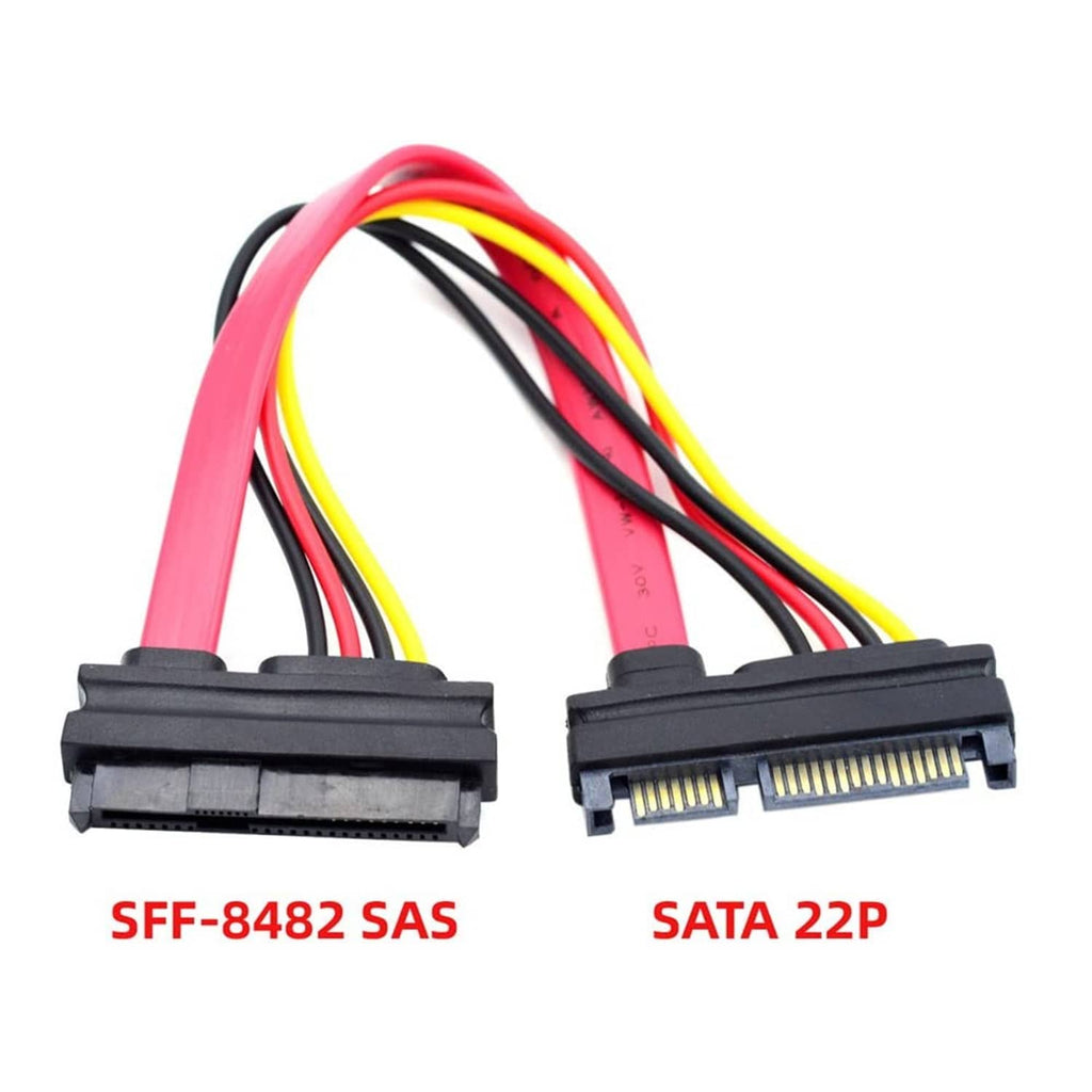 Red and black SAS-to-SATA cable with SFF-8482 and SATA 22-pin connector ends