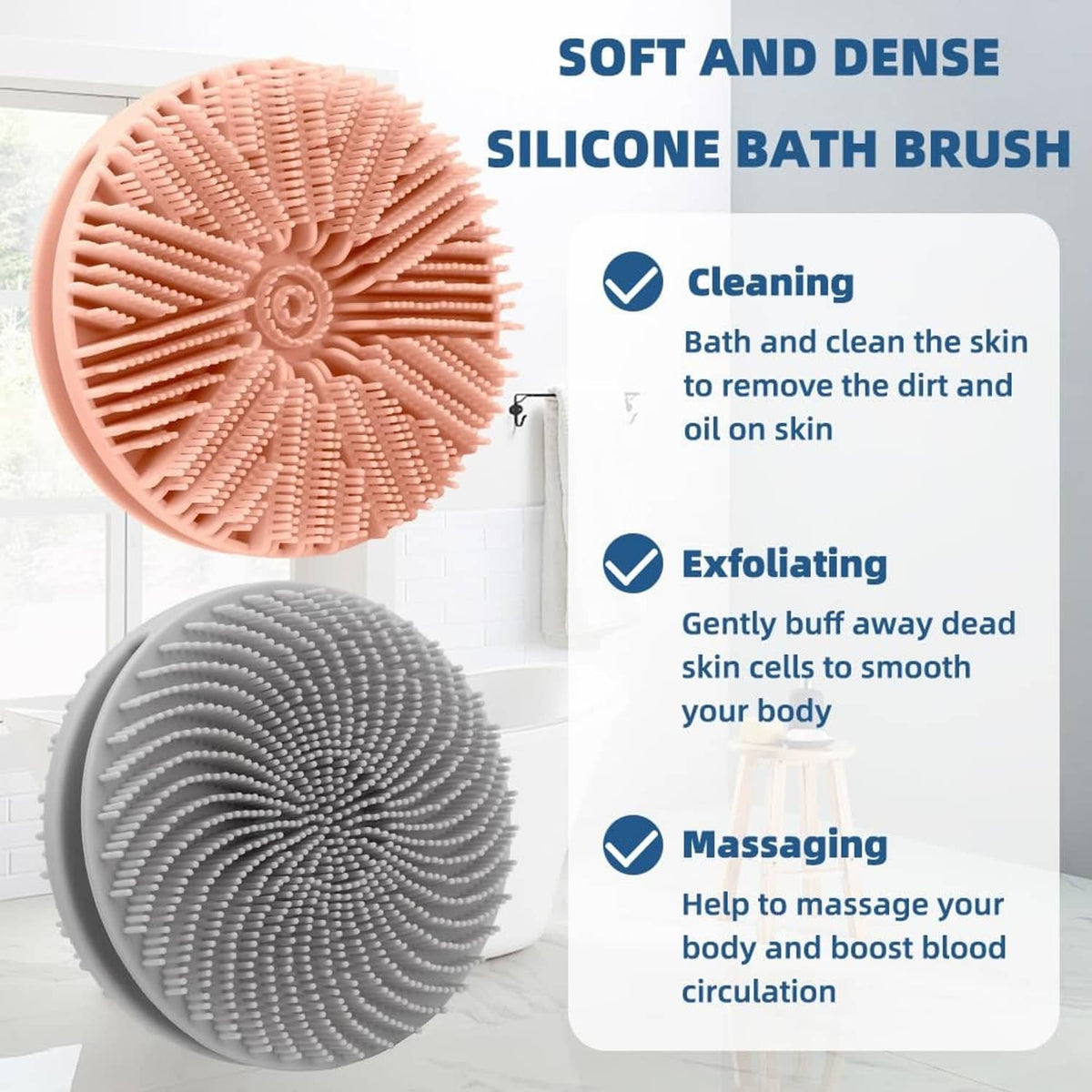Silicone bath scrubber discs, peach-pink and grey, dense circular bristles