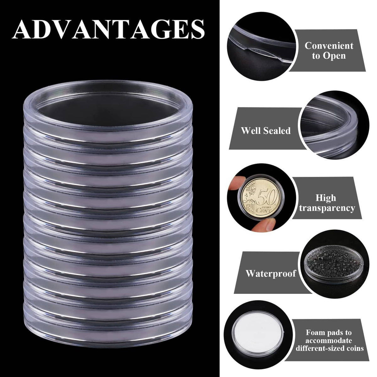 Clear stack of coin capsules with watertight, high-transparency style callouts