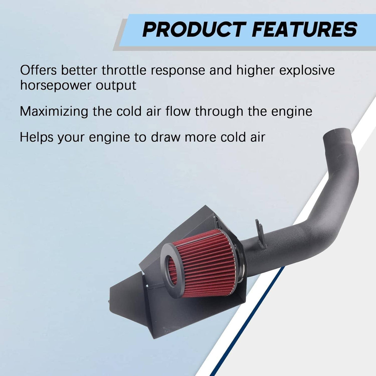Cold air intake system with red cone filter, black heat shield box, and curved hose