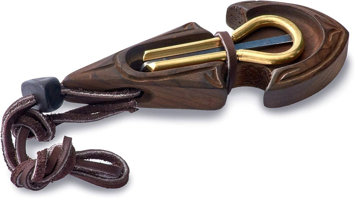 Dark wooden jaw harp case with brass playing tongue and braided cord