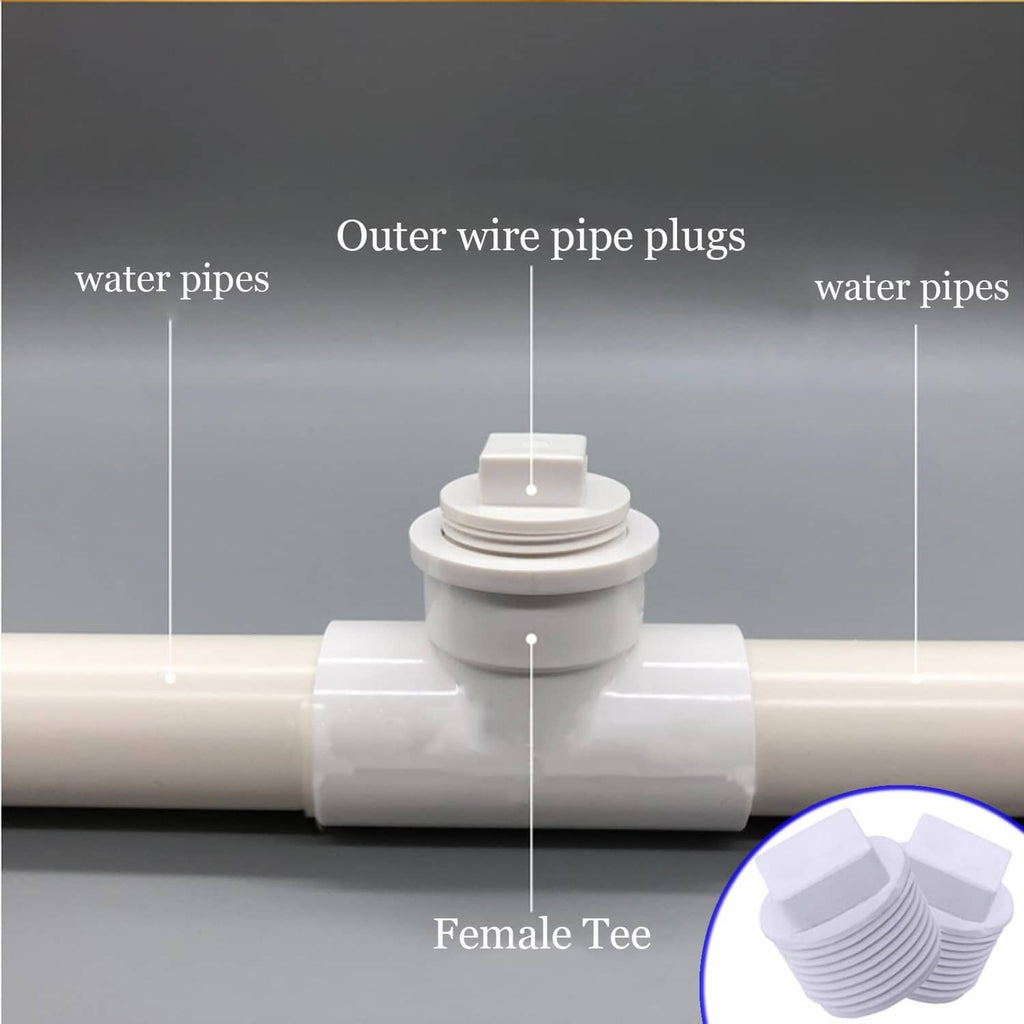 White PVC threaded plug cap mounted on a pipe tee fitting